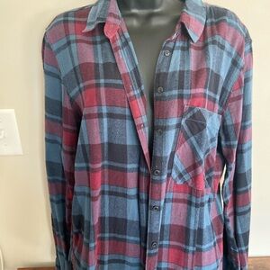 Garage Women's Plaid Button Down Shirt - Blue and Red